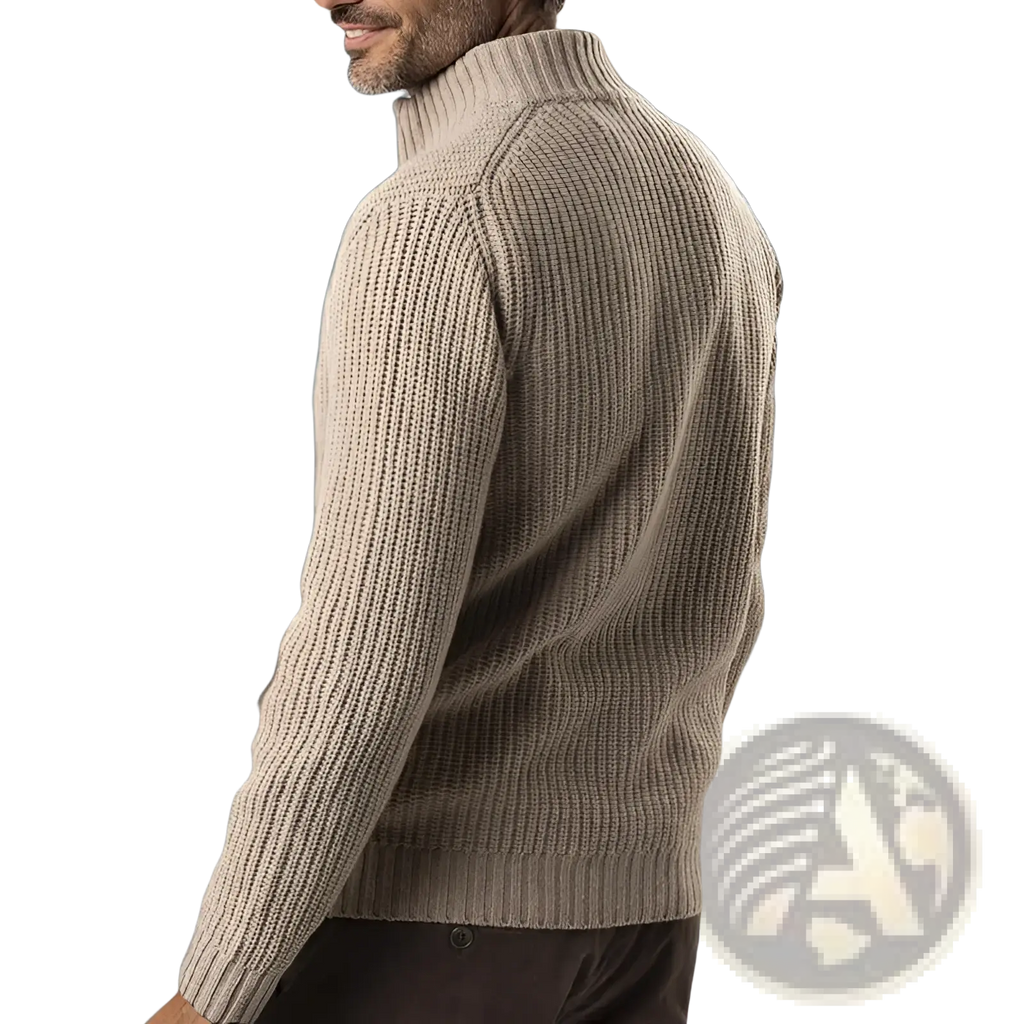 Beige ribbed knit turtleneck sweater with a classic tailored fit in a men’s slim fit ribbed knit zip up sweater jacket style