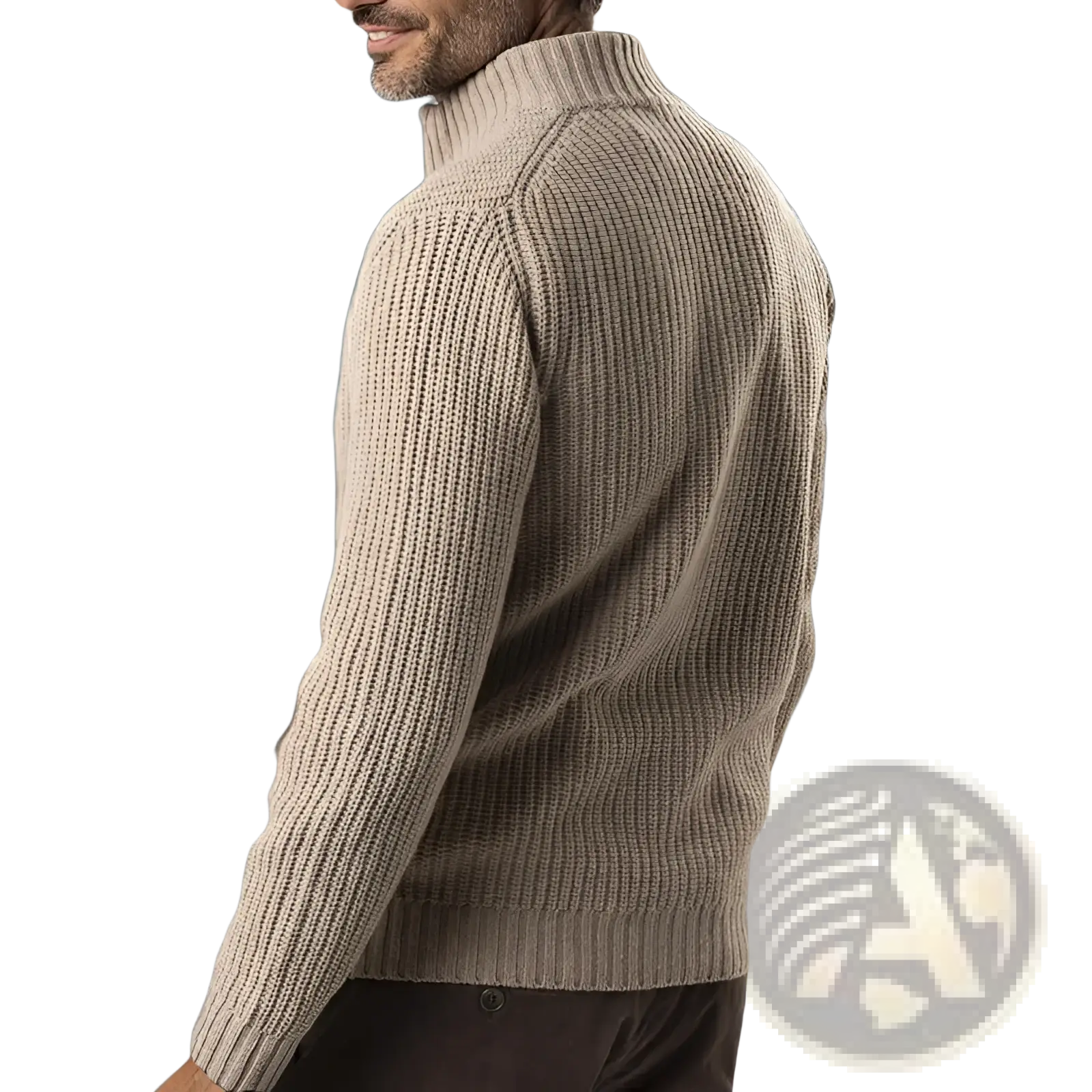 Beige ribbed knit turtleneck sweater with a classic tailored fit in a men’s slim fit ribbed knit zip up sweater jacket style