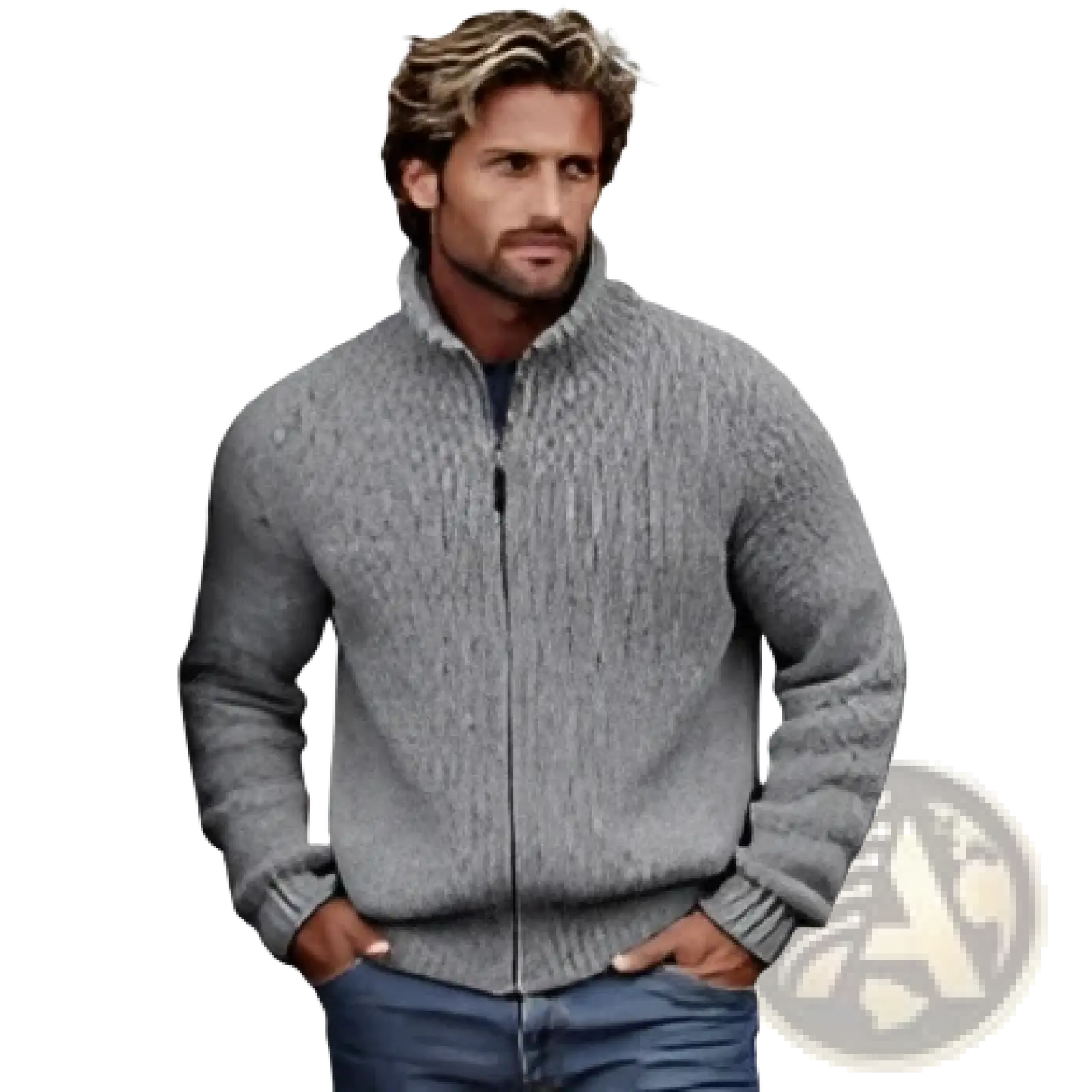 Men’s slim fit gray ribbed knit zip up sweater jacket with textured fabric ribbed collar and cuffs