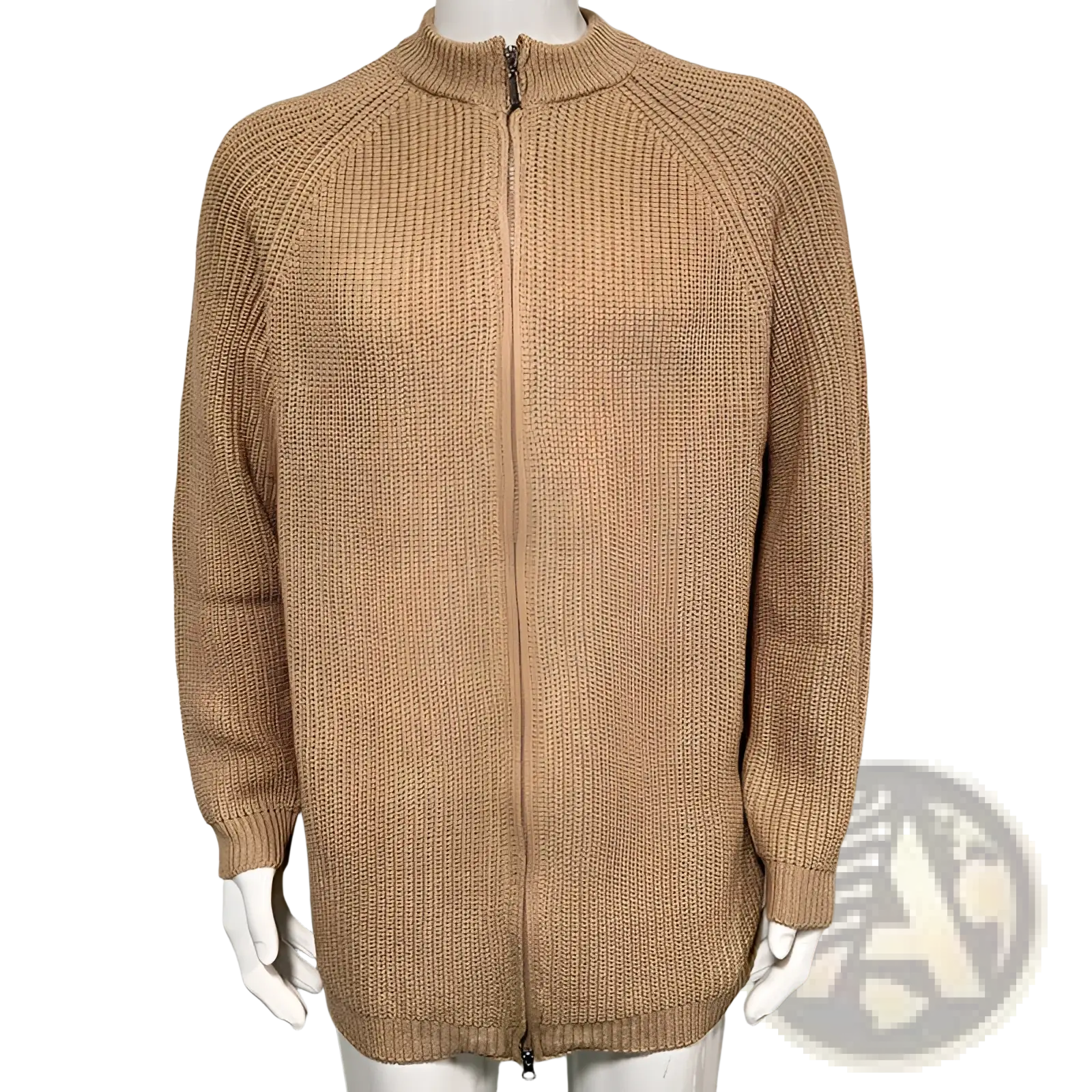 Men’s slim fit tan ribbed knit zip up sweater jacket with high collar and long sleeves