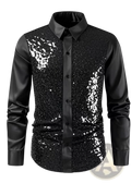 Men’s slim fit black sequin dress shirt with satin sleeves and collar for party wear
