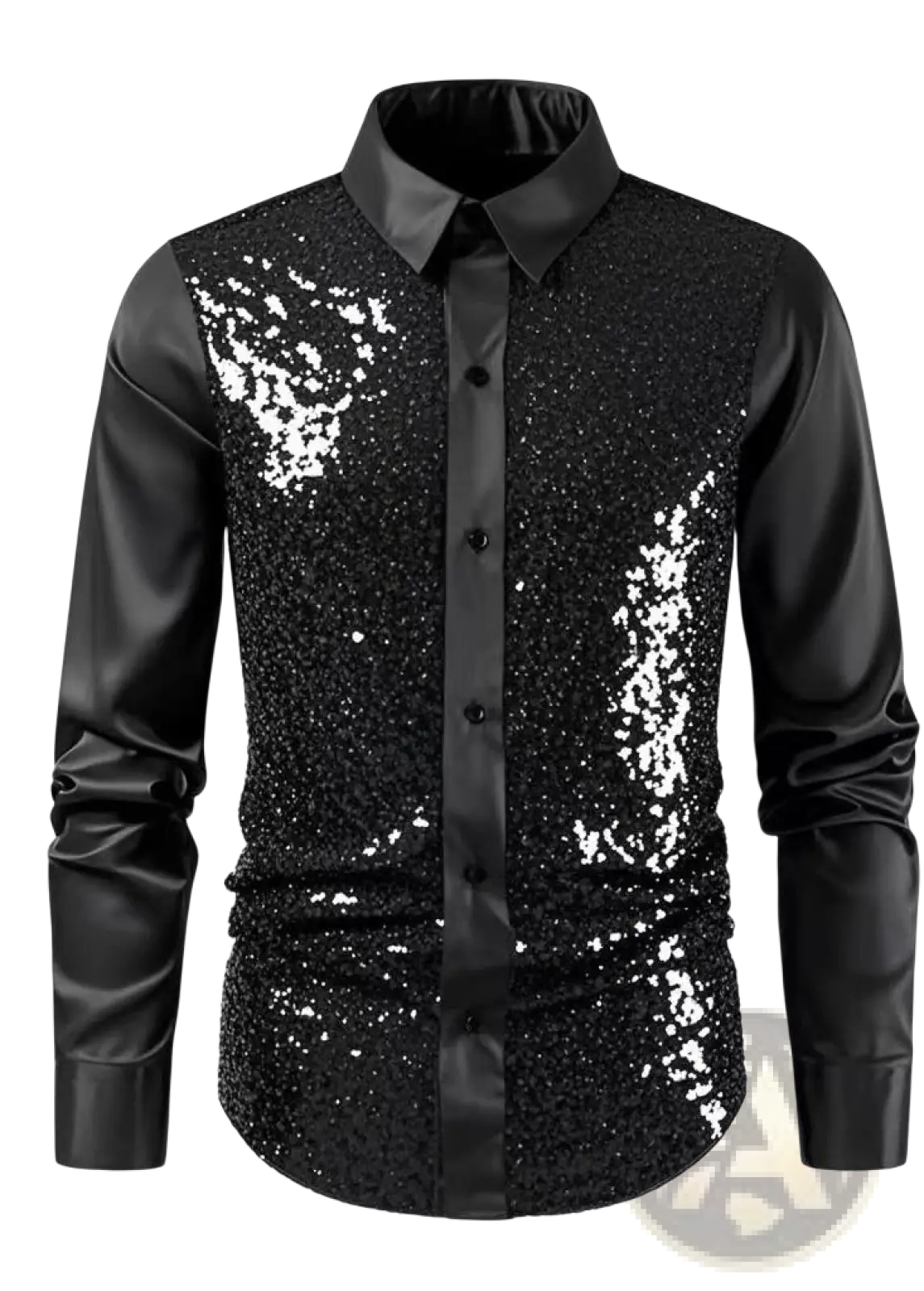 Men’s slim fit black sequin dress shirt with satin sleeves and collar for party wear