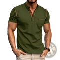 Men’s slim fit olive green short-sleeved henley shirt with contrasting brown stitching and chest pocket