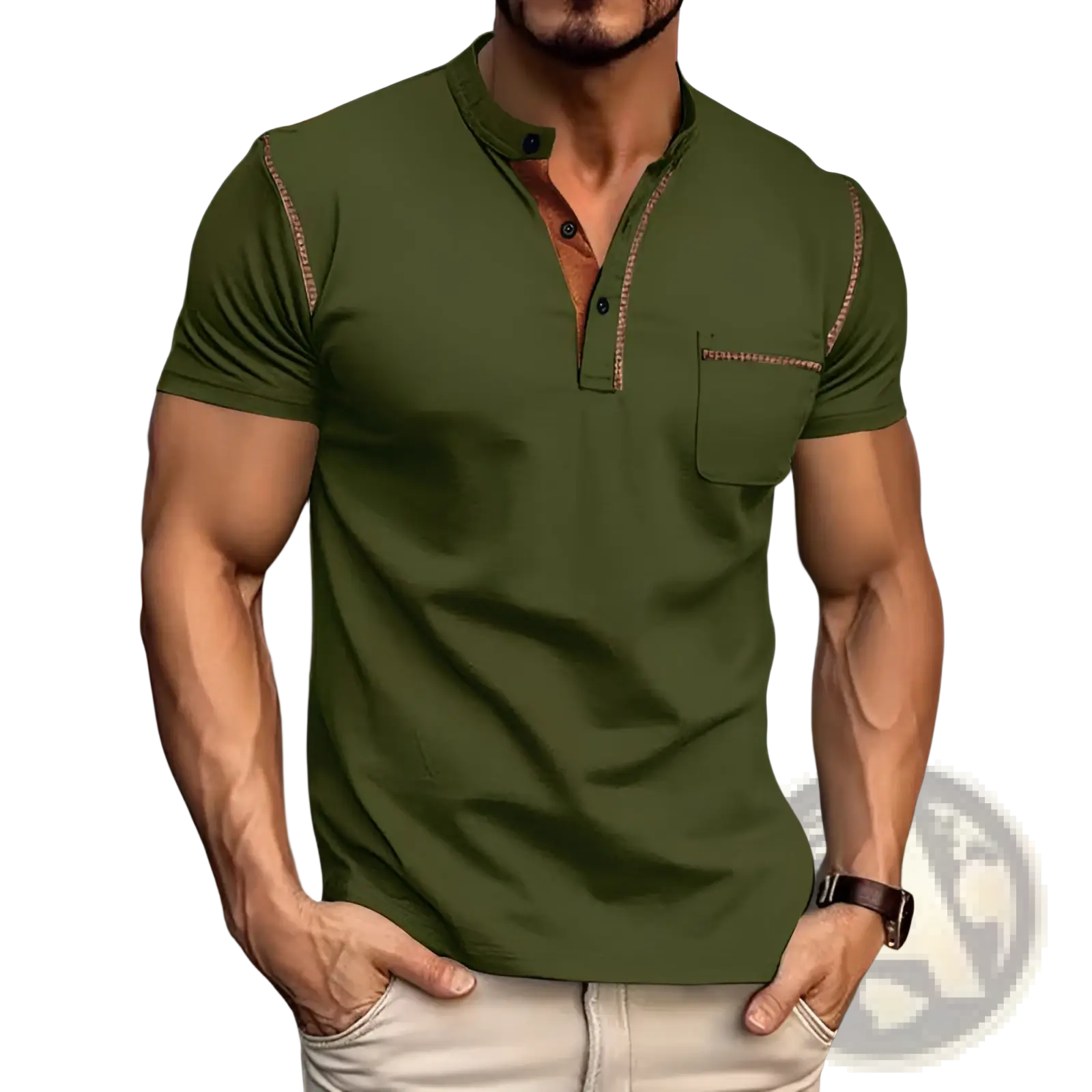 Men’s slim fit olive green short-sleeved henley shirt with contrasting brown stitching and chest pocket