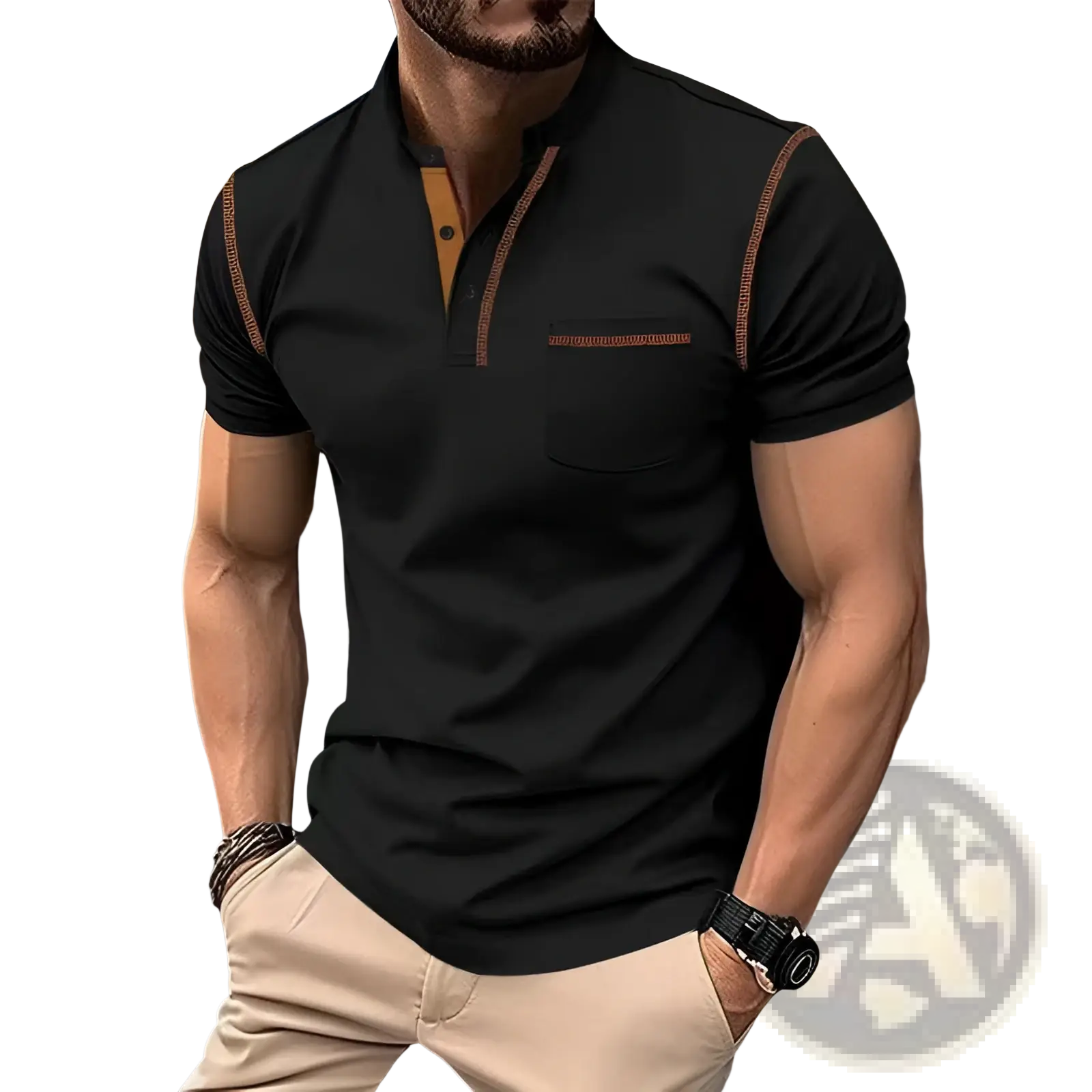 Men’s slim fit black short sleeve polo shirt with contrasting brown stitching on collar placket and pocket