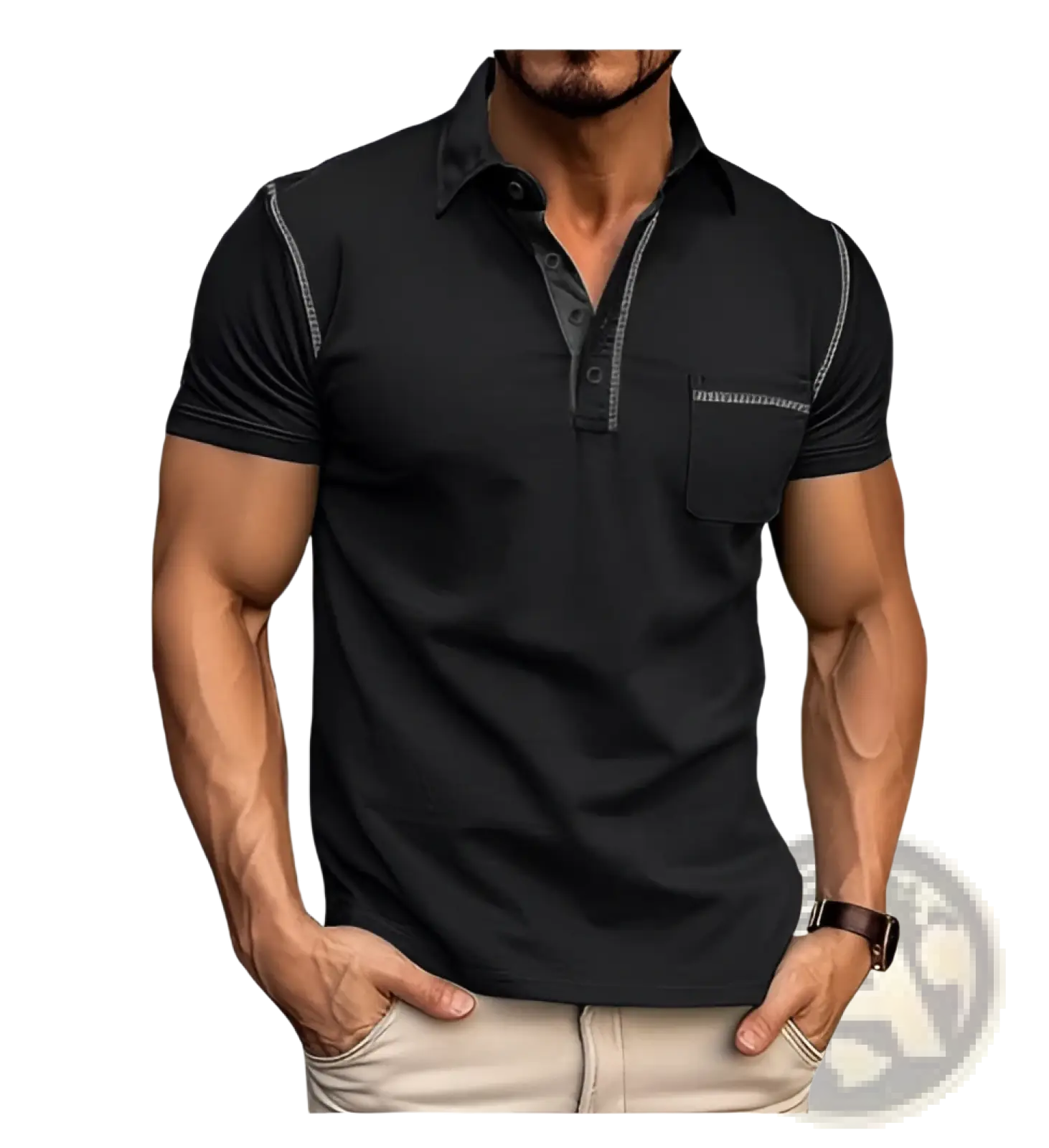 Men’s slim fit short sleeve black polo shirt with gray stitching accents and chest pocket for casual wear