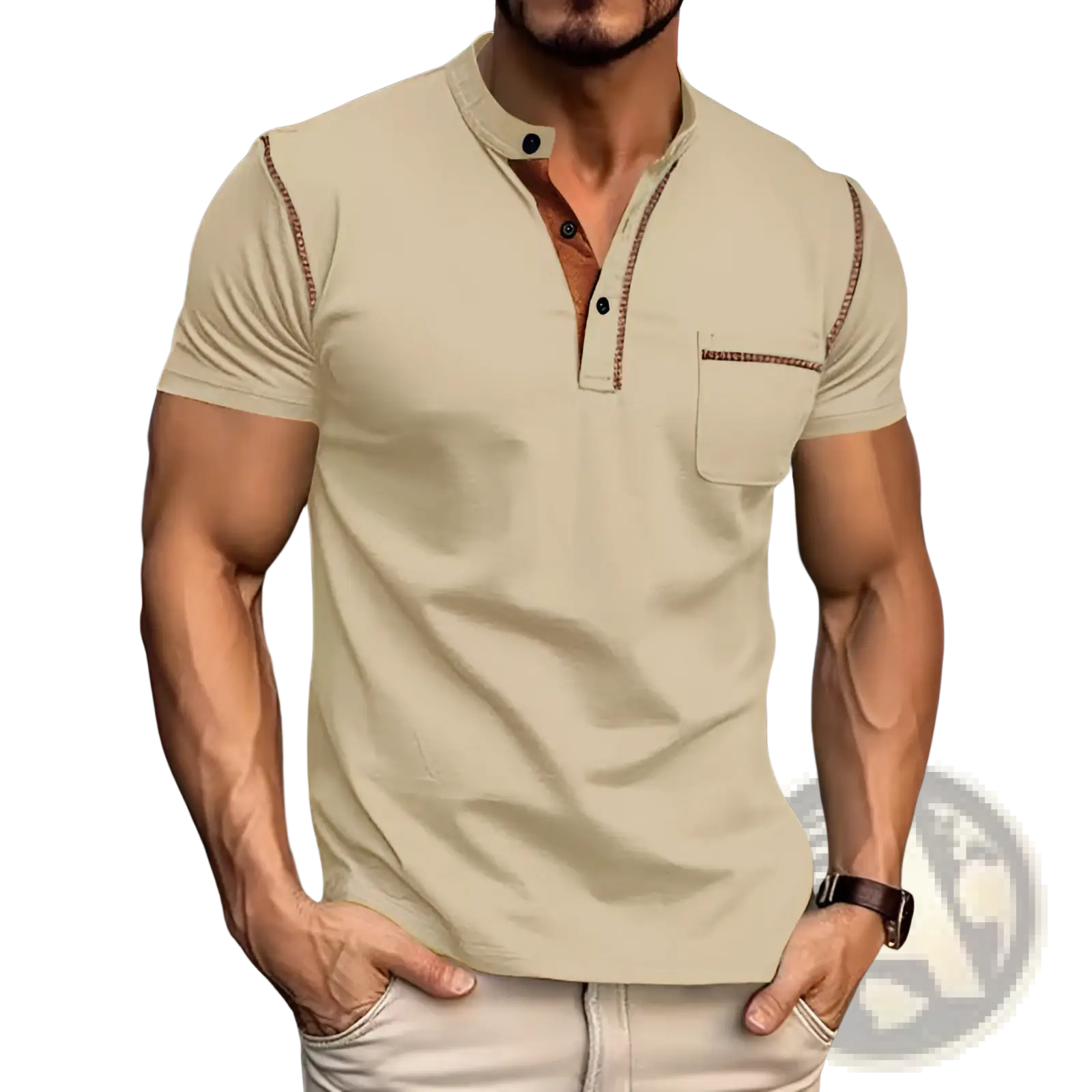 Men’s slim fit beige short sleeve henley shirt with brown embroidered trim and black buttons for casual wear