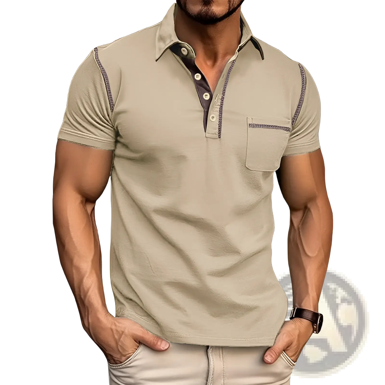 Men’s slim fit short sleeve henley and polo shirt in beige with dark gray trim on collar placket and sleeve seams