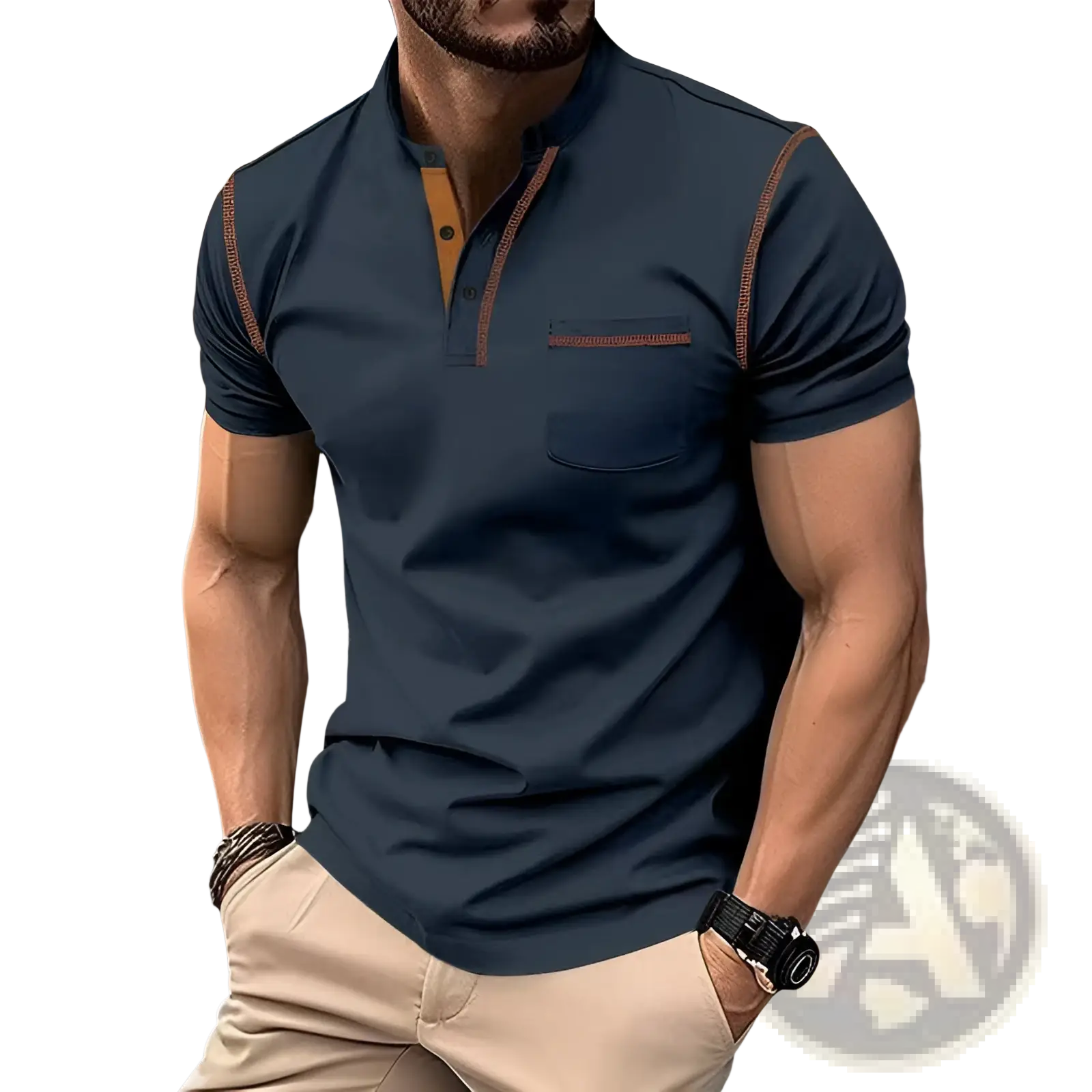 Men’s slim fit short sleeve henley and polo shirt in dark navy with tan trim on collar placket and sleeve seams