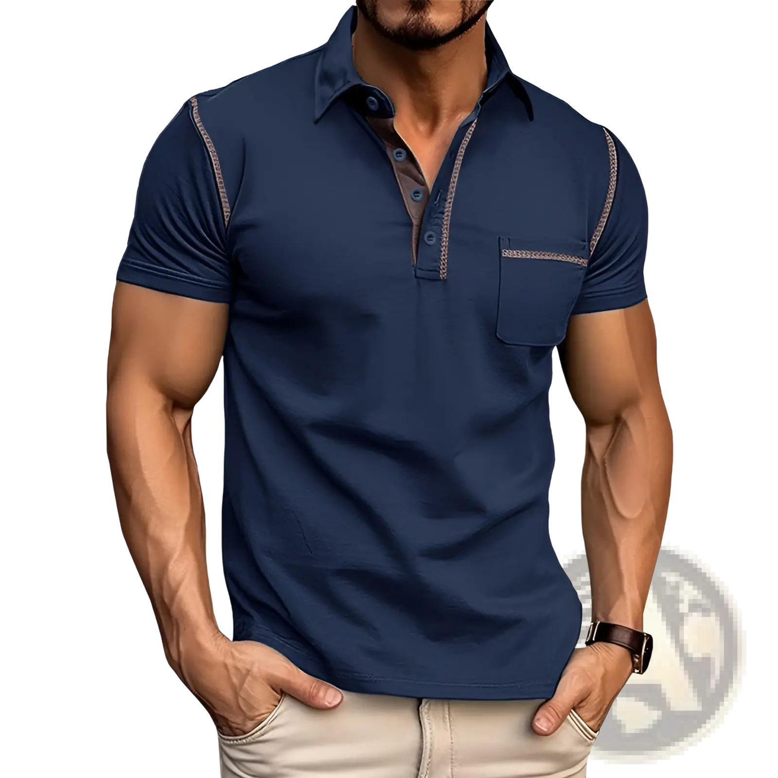 Men’s slim fit navy blue short sleeve polo shirt with tan contrast stitching along collar placket and pocket edges