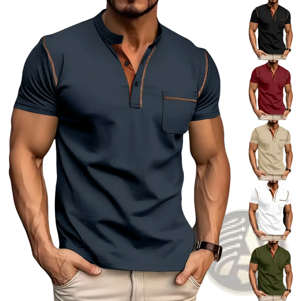 Men’s slim fit dark blue short sleeve henley shirt with brown stitched trim along the placket and pocket