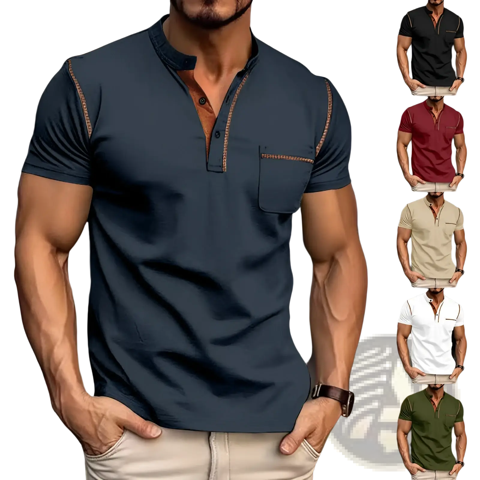 Men’s slim fit dark blue short sleeve henley shirt with brown stitched trim along the placket and pocket