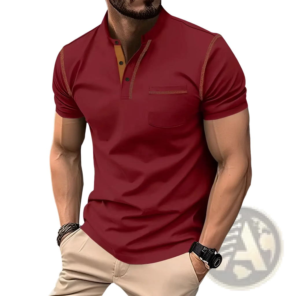 Men’s slim fit red short sleeve polo shirt with tan inner collar and trim for casual and smart casual wear