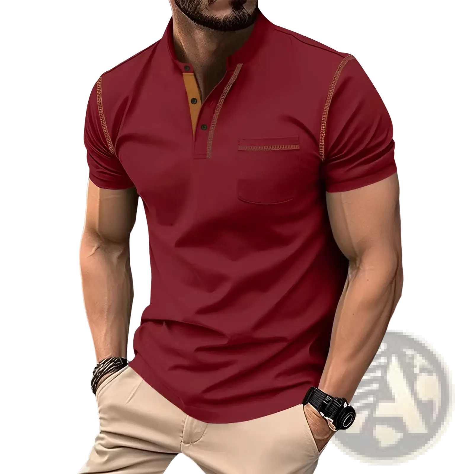 Men’s slim fit red short sleeve polo shirt with tan inner collar and trim for casual and smart casual wear