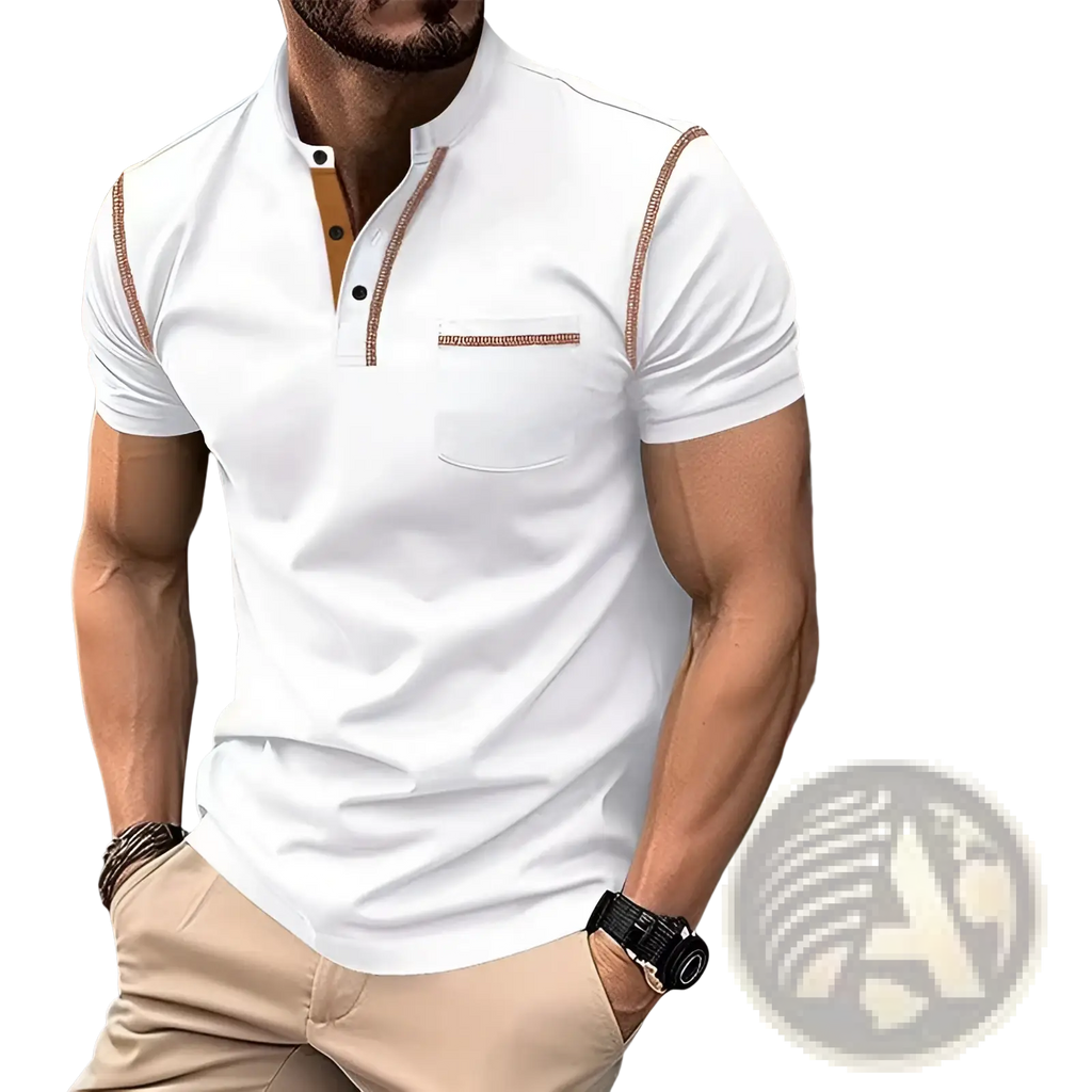 Men’s slim fit white short sleeve polo shirt with brown trim and buttoned collar for casual and smart wear