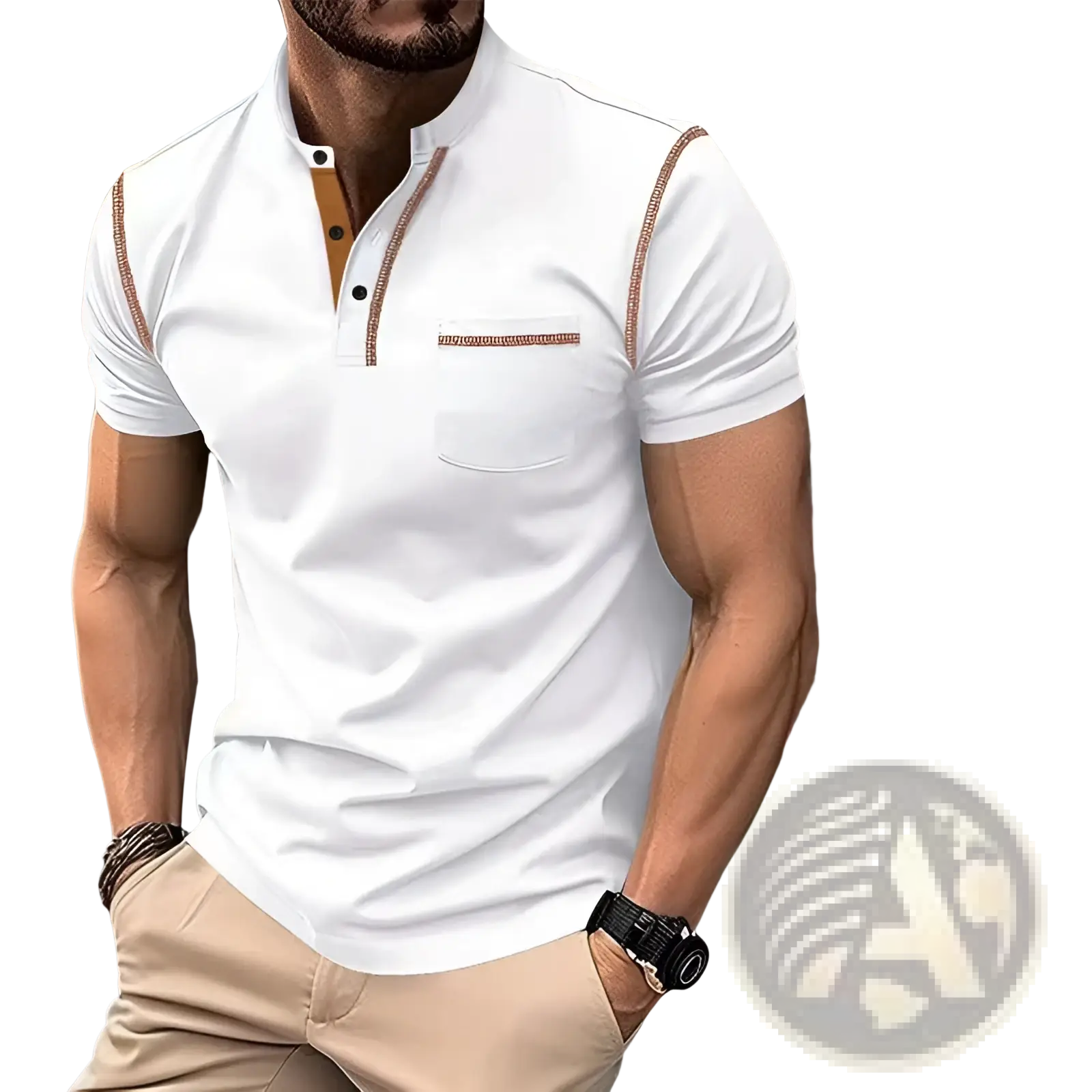 Men’s slim fit white short sleeve polo shirt with brown trim and buttoned collar for casual and smart wear
