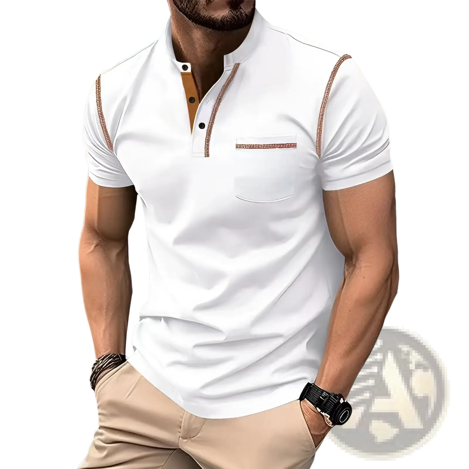 Men’s slim fit short sleeve henley polo shirt in white with brown stitched trim on collar placket and pocket