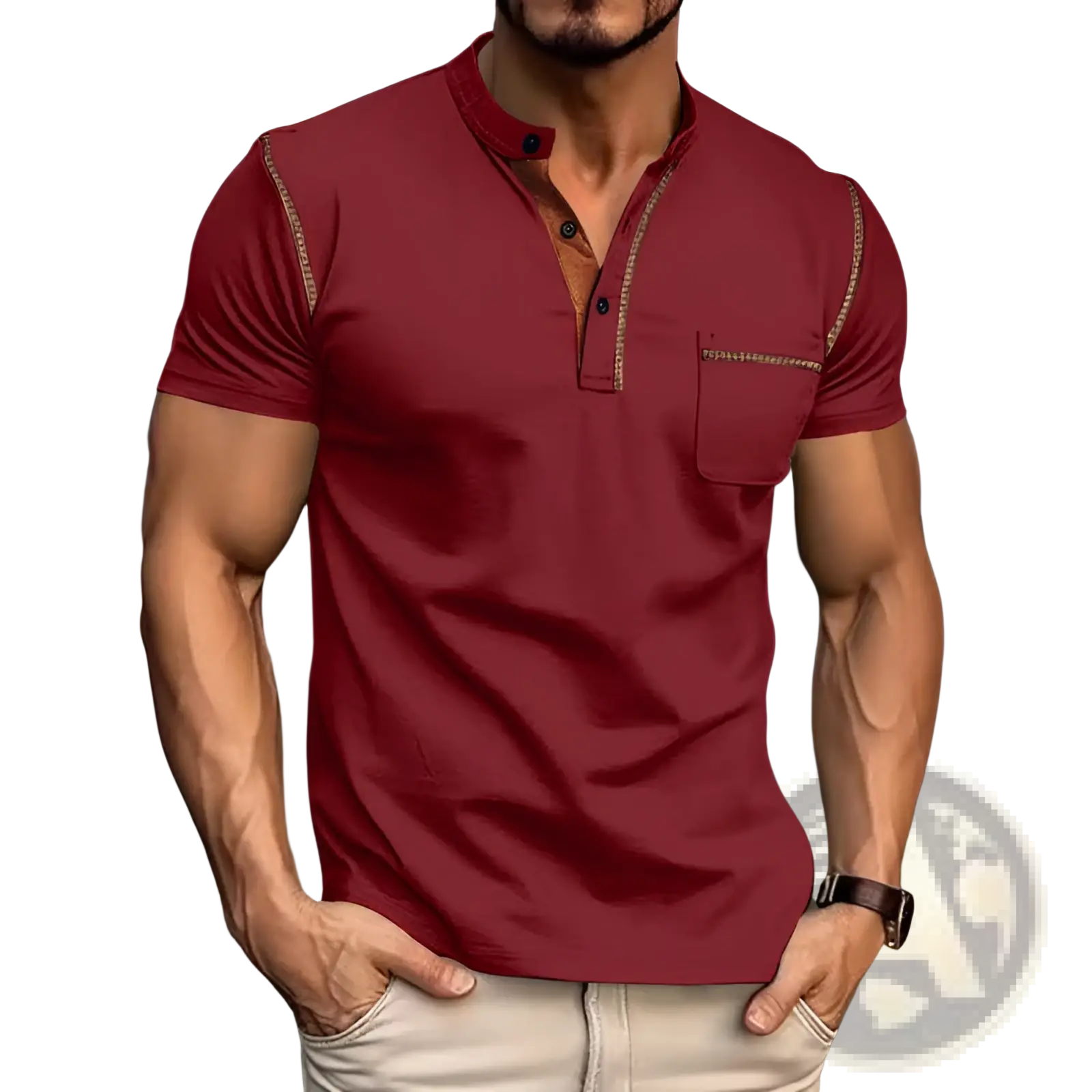 Men’s slim fit short sleeve henley shirt in maroon with buttoned placket and decorative stitching on seams and pocket edge