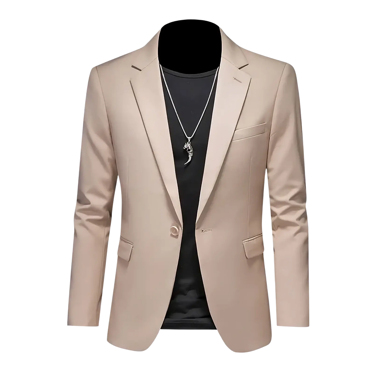 Beige men’s slim fit single breasted blazer with notched lapels and two flap pockets for formal occasions