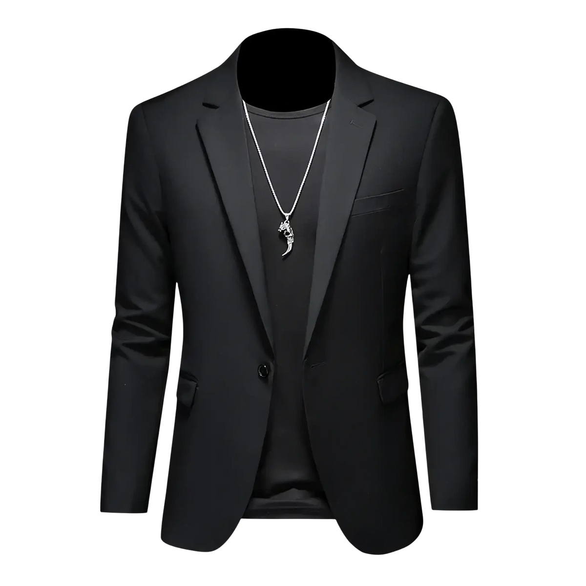 Black slim fit single breasted blazer with notched lapels and tailored fit for mens formal wear