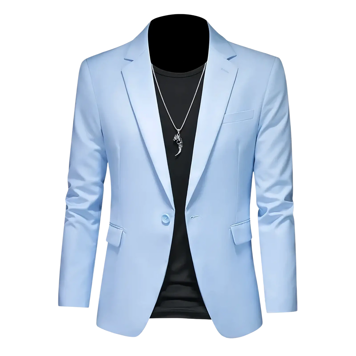 Mens slim fit single breasted blazer in light blue with a sleek modern cut and subtle sheen ideal for formal wear