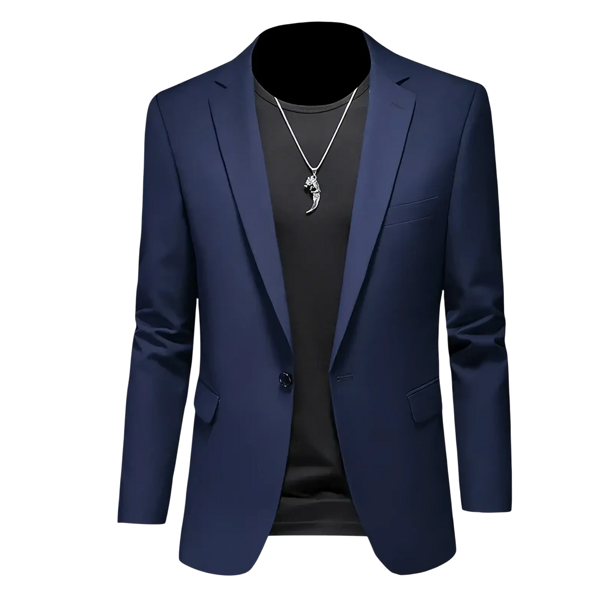 Mens slim fit single breasted navy blue blazer with notched lapels and two flap pockets in a formal style