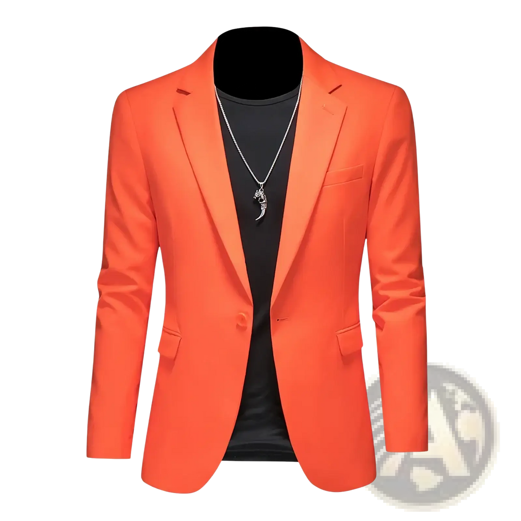 Mens slim fit single breasted blazer in vibrant orange with a sleek modern cut and subtle sheen fabric finish