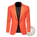 Mens slim fit single breasted blazer in vibrant orange with a sleek modern cut and subtle sheen fabric finish
