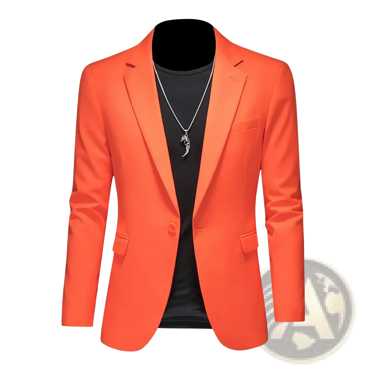 Mens slim fit single breasted blazer in vibrant orange with a sleek modern cut and subtle sheen fabric finish
