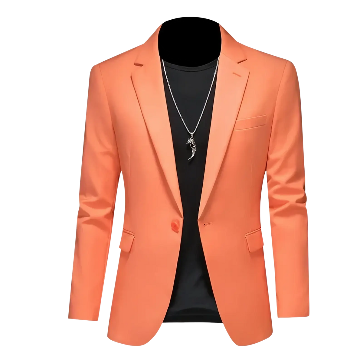 Mens slim fit single breasted blazer in coral orange with modern fit and subtle sheen for formal occasions