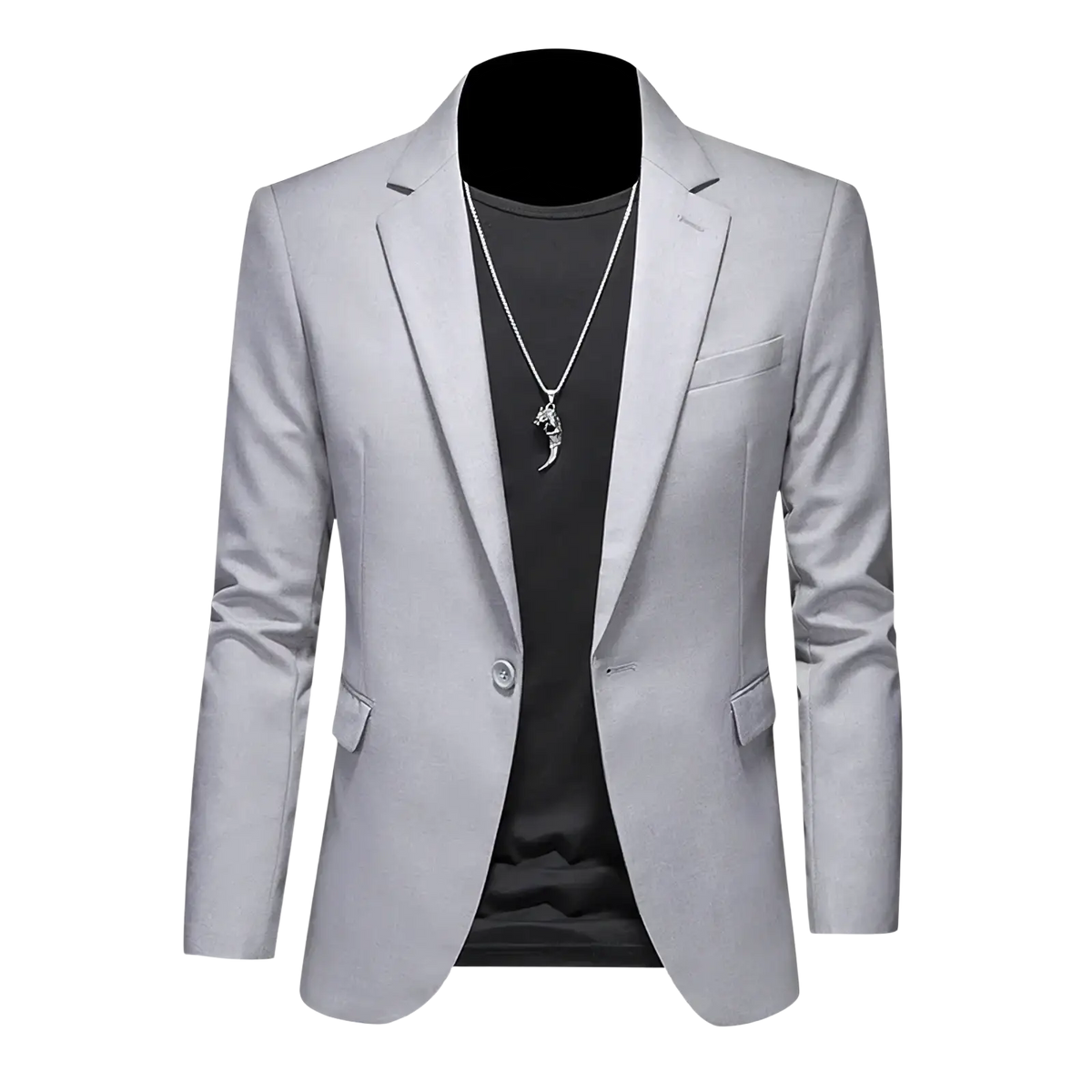 Mens slim fit single breasted blazer in sleek light gray with modern cut and subtle sheen for formal occasions