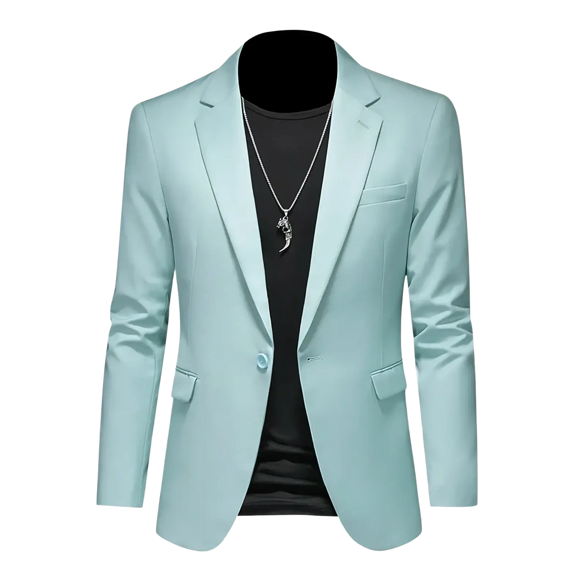 Mens slim fit single breasted blazer in light mint green with modern cut and subtle sheen for formal wear