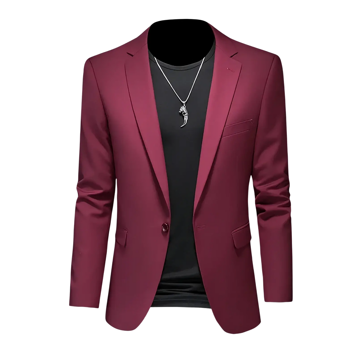A sleek maroon mens slim fit single breasted blazer with modern cut and subtle sheen for formal occasions