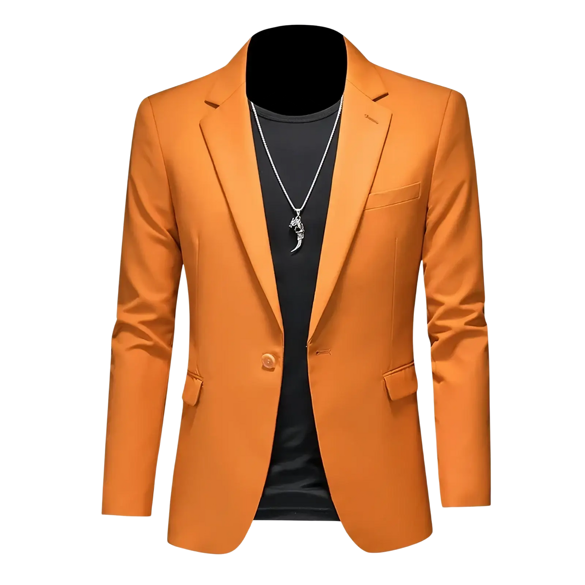 Mens slim fit single breasted blazer in vibrant orange with tailored fit and notched lapels for formal occasions