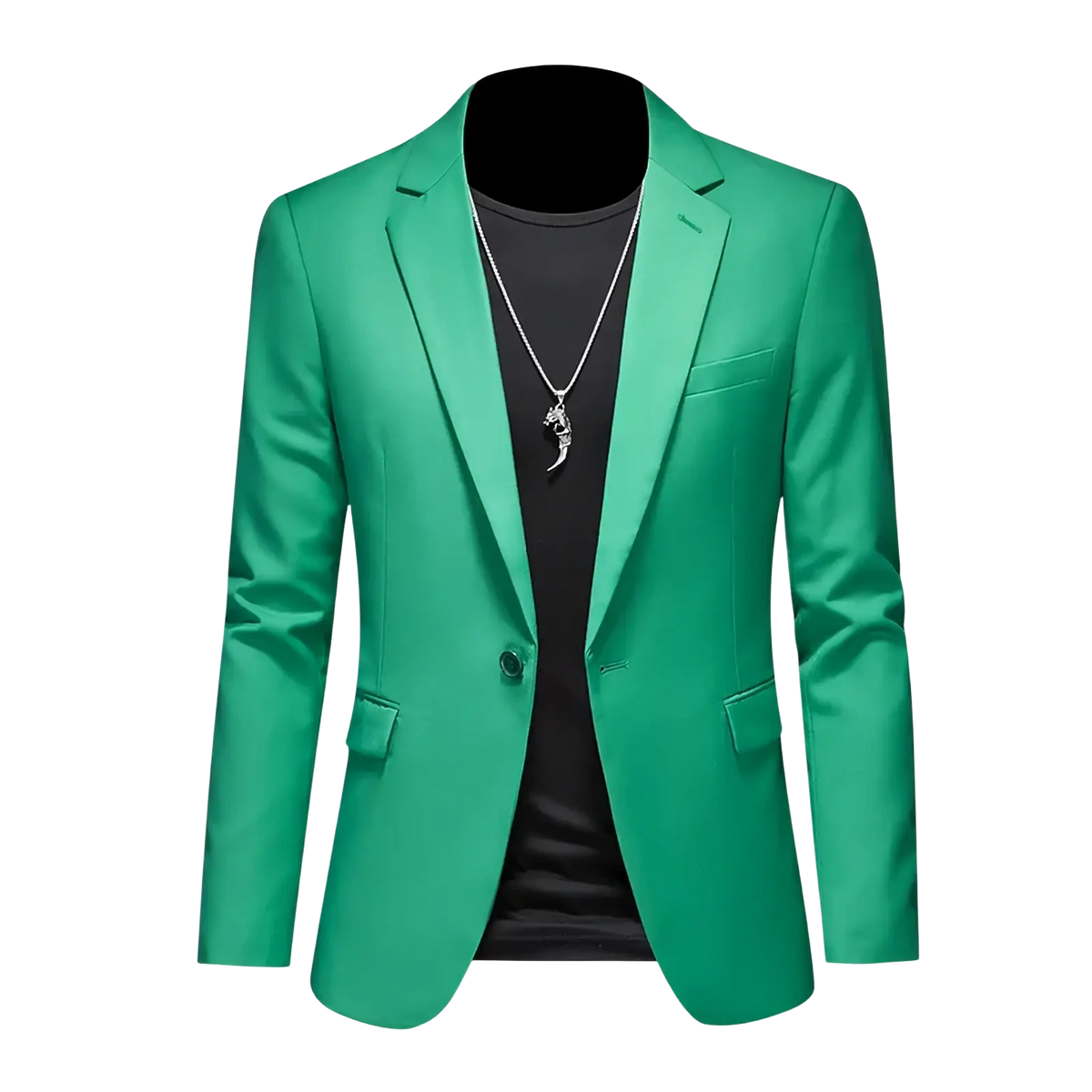 Mens slim fit single breasted blazer in vibrant green with a sleek modern design and subtle sheen fabric finish