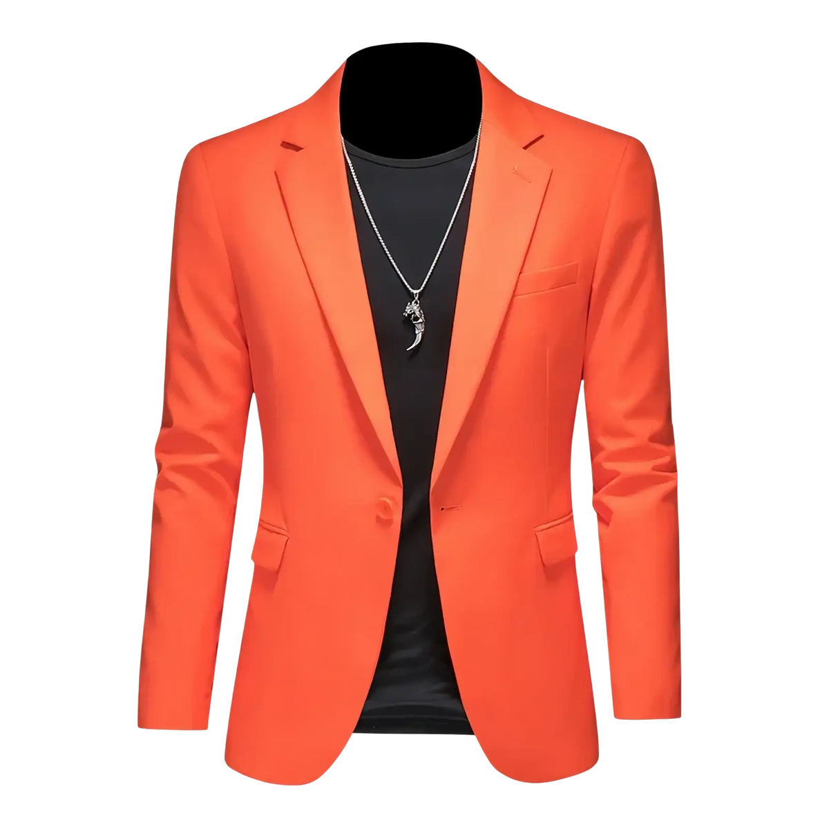 Mens slim fit single breasted blazer in vibrant orange with a sleek modern cut and subtle sheen fabric finish