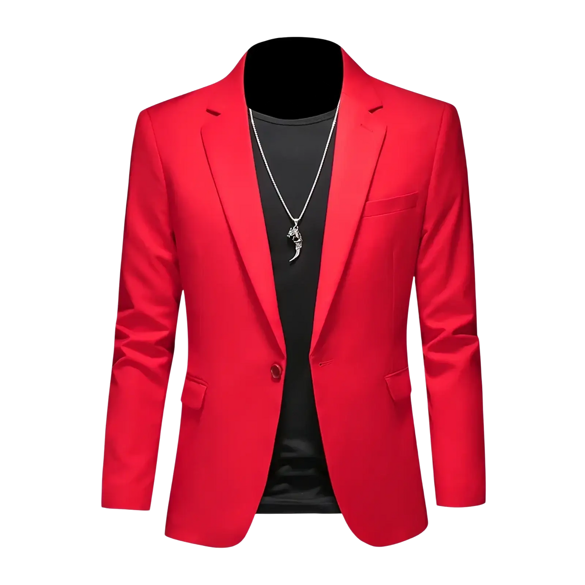 Mens slim fit single breasted blazer in vibrant red featuring a sleek modern cut and single button closure