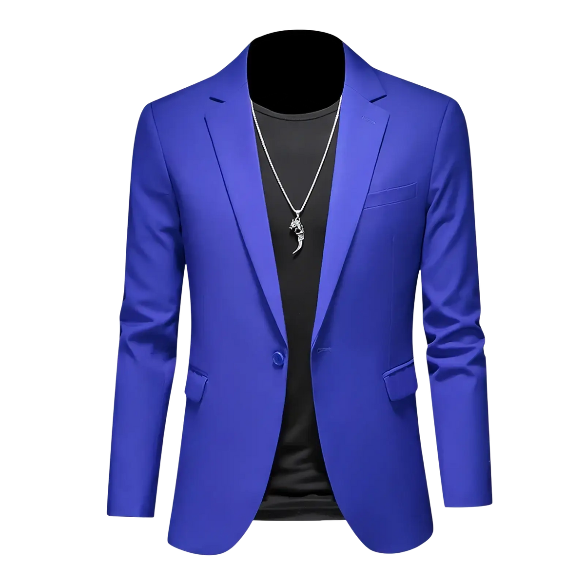 Mens slim fit single breasted blazer in vibrant royal blue with a sleek modern cut and subtle sheen