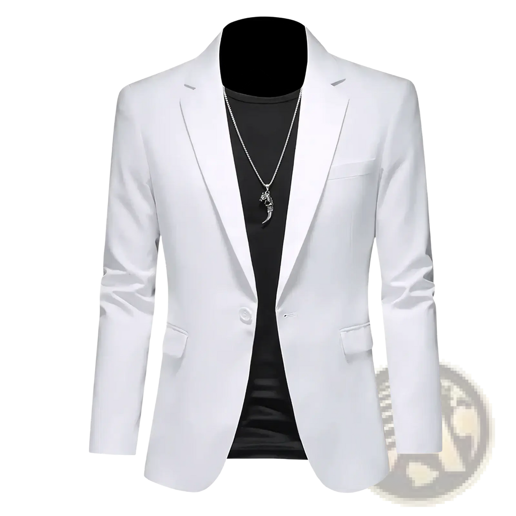 Mens slim fit single breasted white ayrbao blazer with sleek modern design and subtle sheen for formal wear