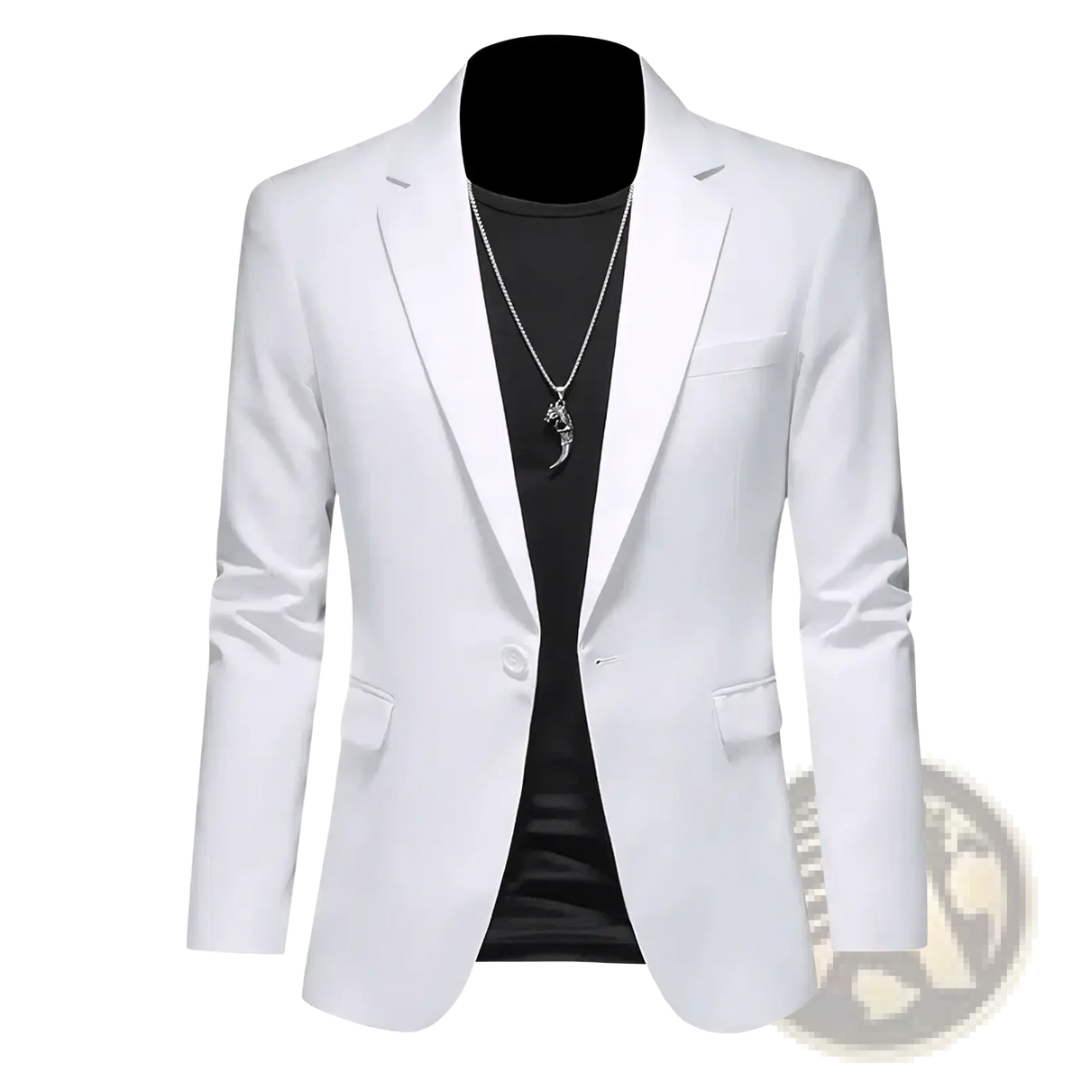 Mens slim fit single breasted white ayrbao blazer with sleek modern design and subtle sheen for formal wear