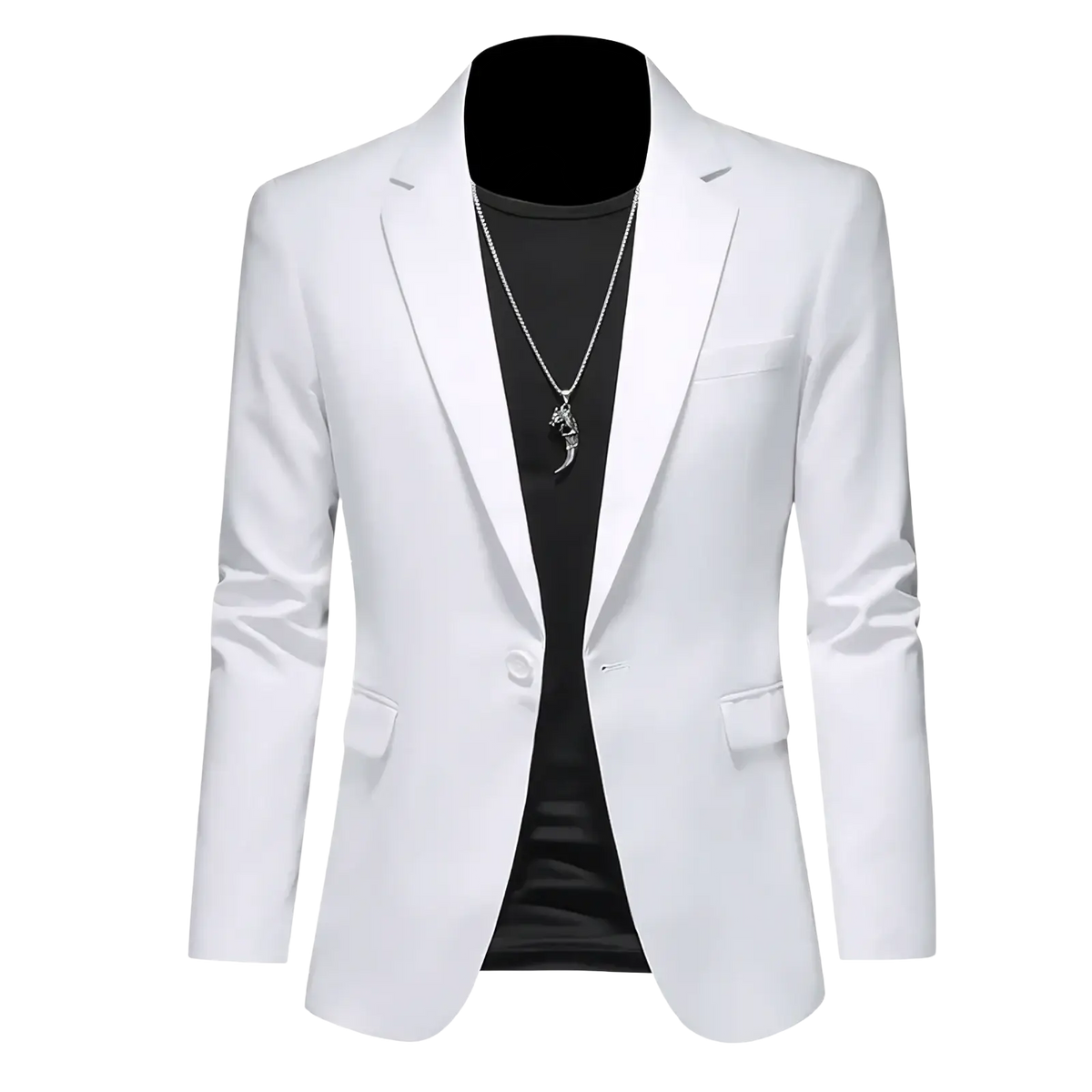 Mens slim fit single breasted white blazer with sleek modern design and subtle sheen for formal occasions