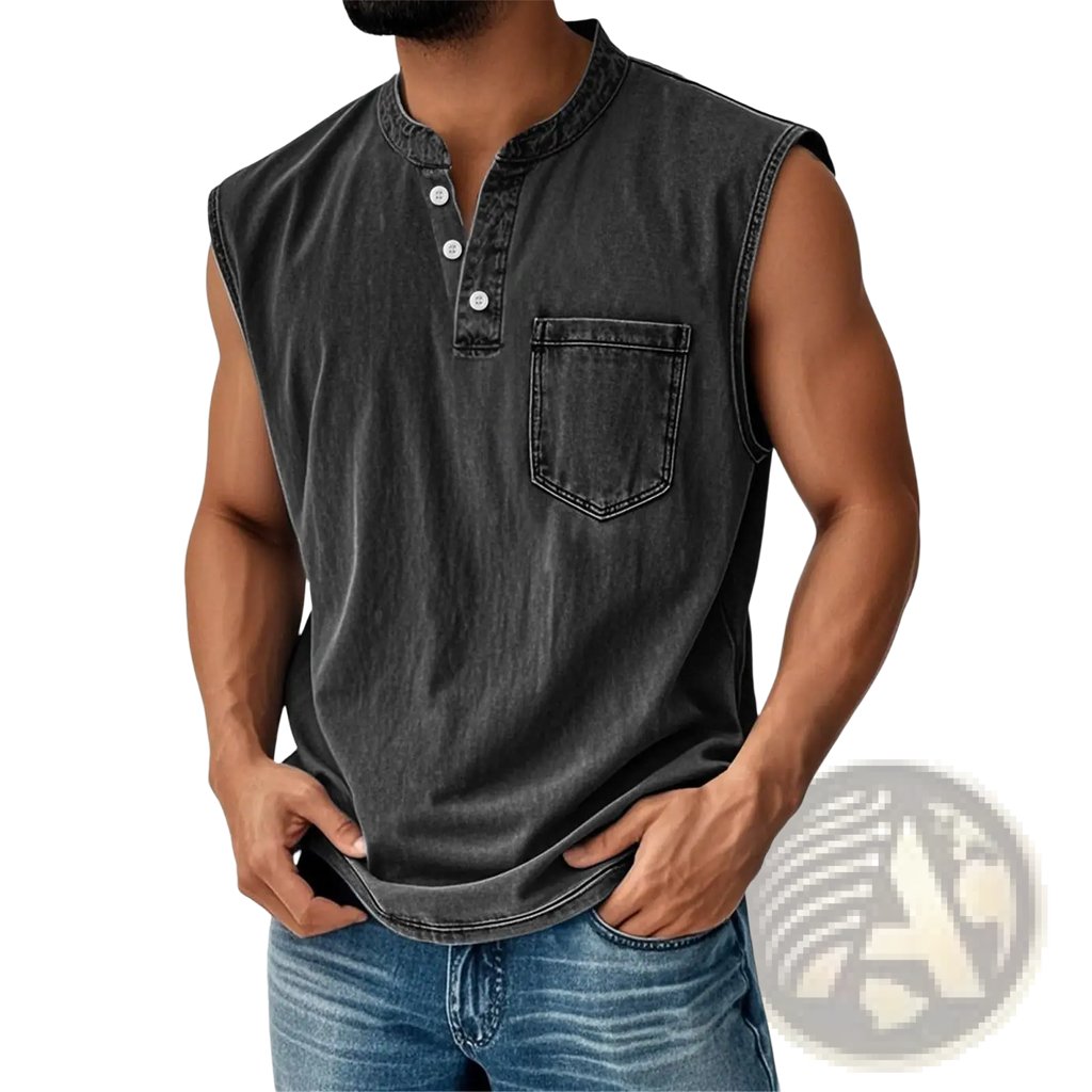 Men’s slim fit sleeveless denim henley shirt in black with chest pocket and white buttons made from denim
