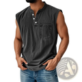 Men’s slim fit sleeveless denim henley shirt in black with chest pocket and white buttons made from denim