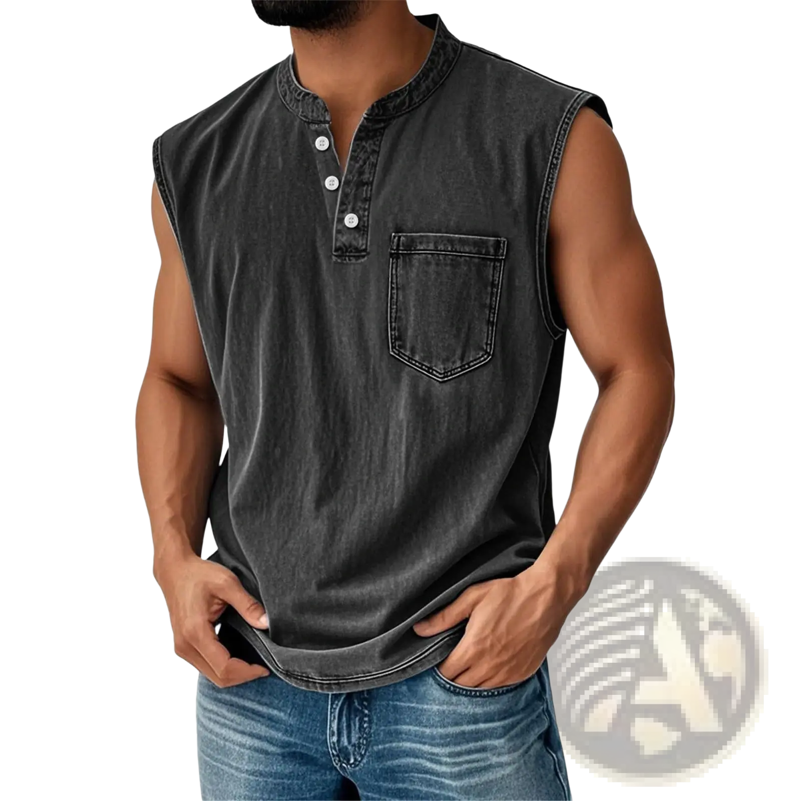Men’s slim fit sleeveless denim henley shirt in black with chest pocket and white buttons made from denim