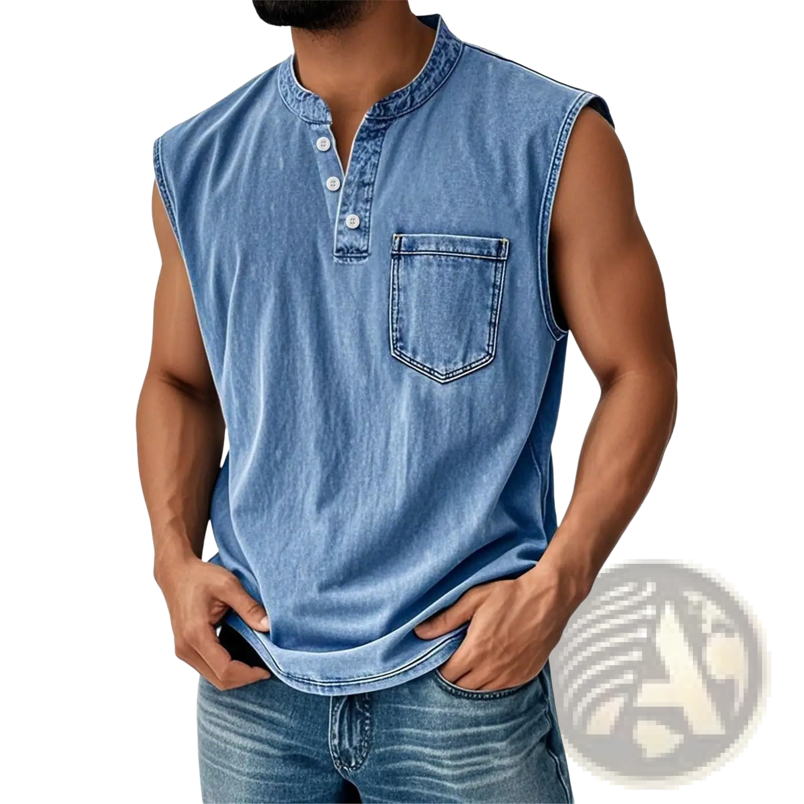 Men’s slim fit sleeveless denim henley shirt in blue with buttoned collar and front pocket
