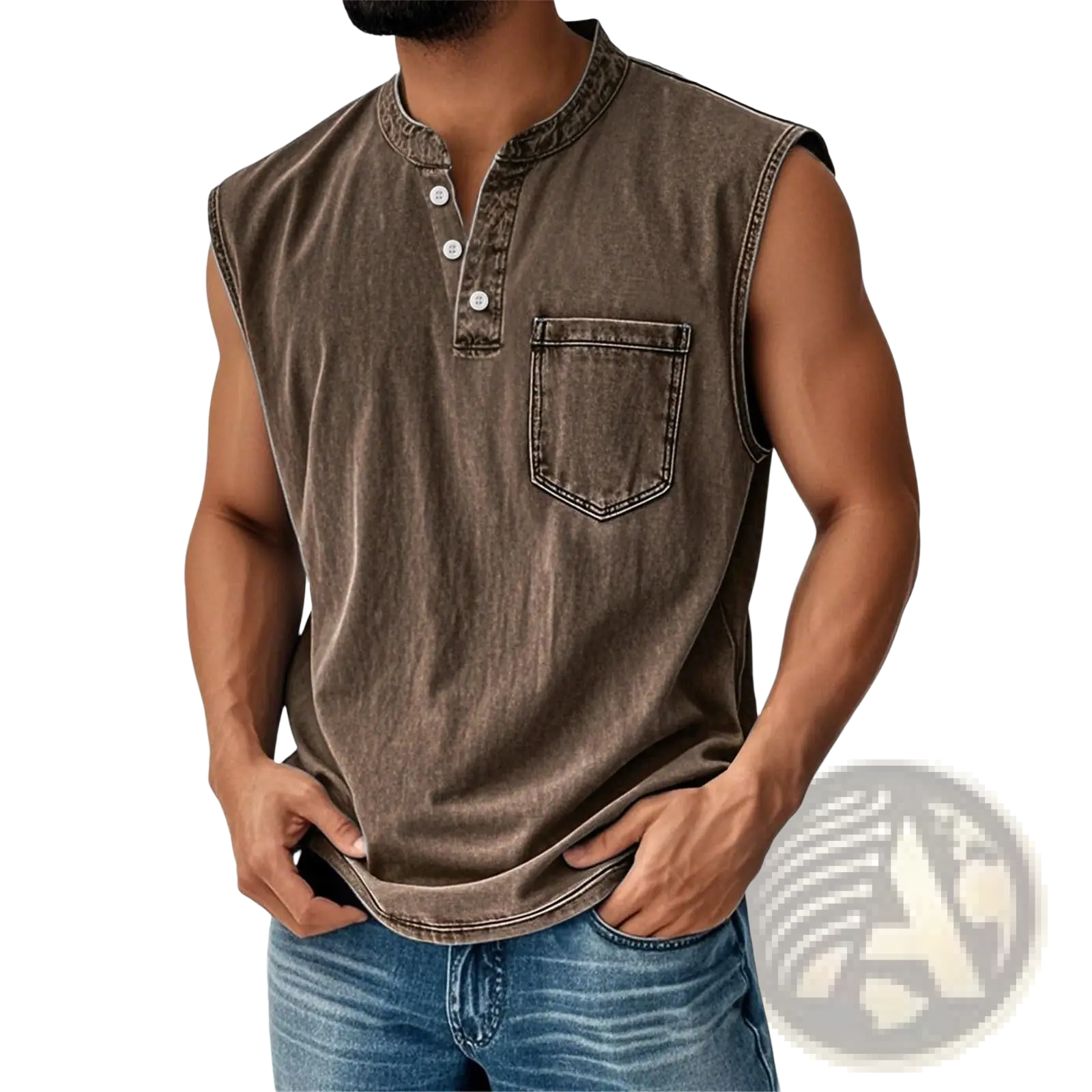 Men’s slim fit sleeveless brown denim henley shirt with distressed finish buttoned placket and chest pocket