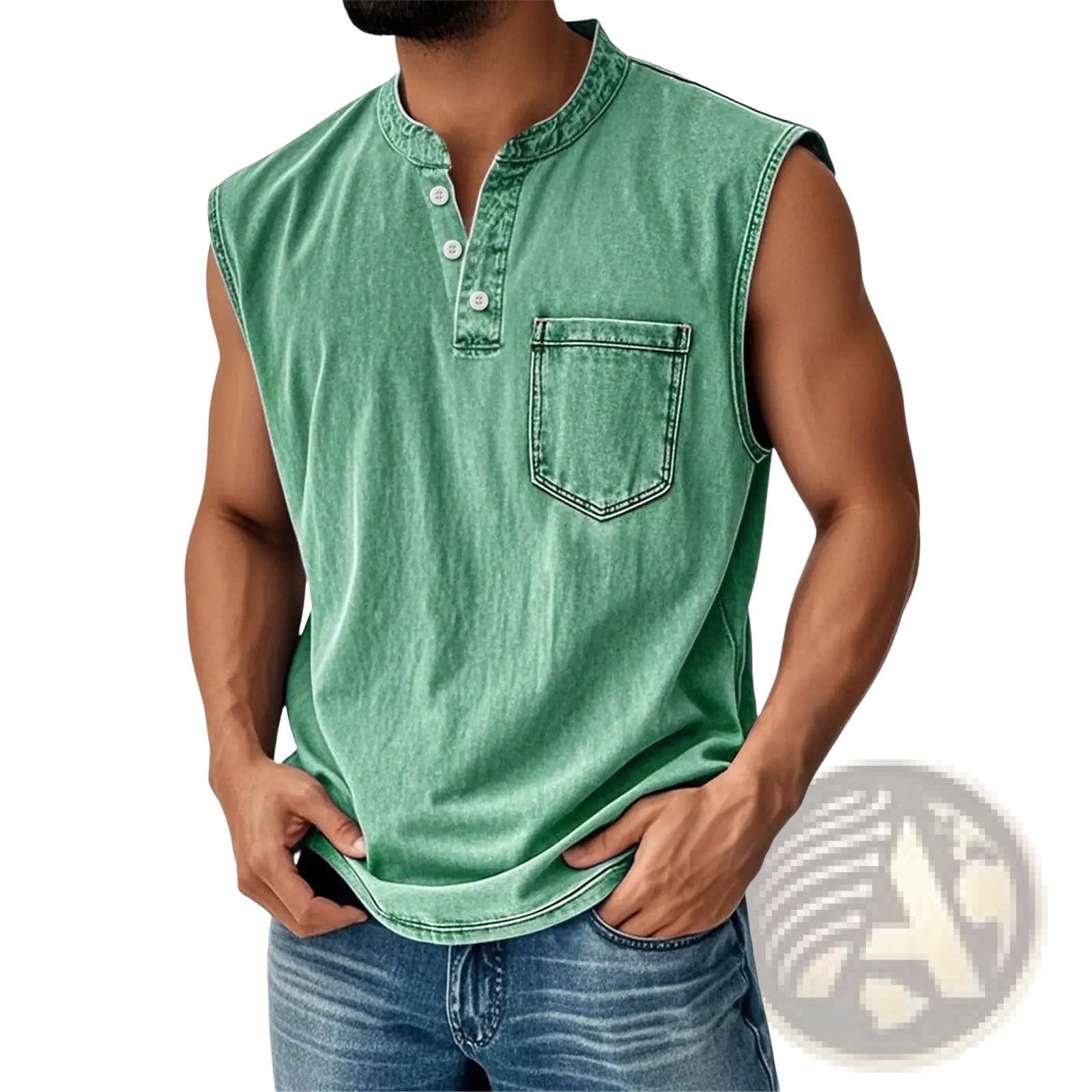 Men’s slim fit sleeveless green denim henley shirt with chest pocket and buttoned placket in soft denim fabric