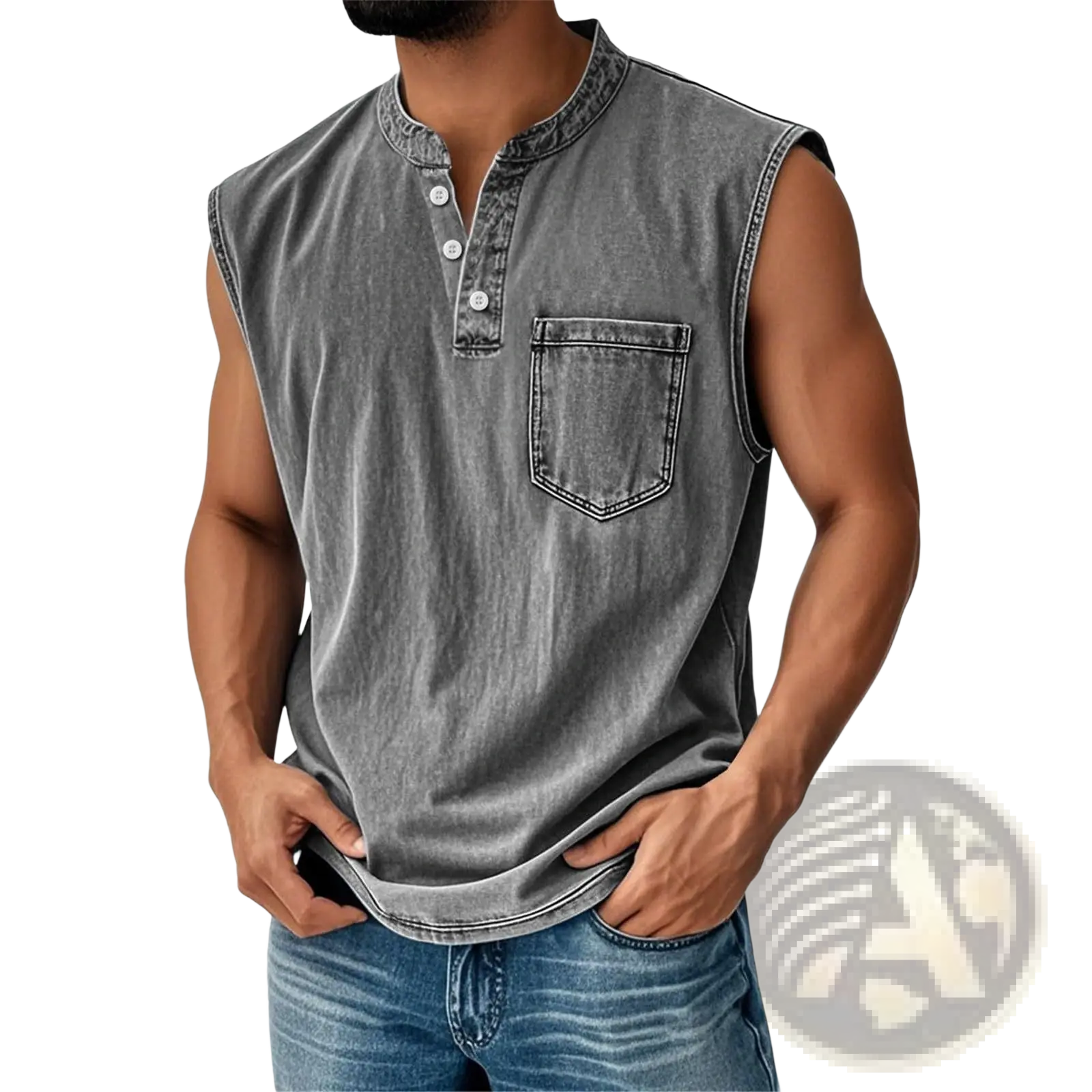 Men’s slim fit sleeveless denim henley shirt in gray with buttoned collar and chest pocket