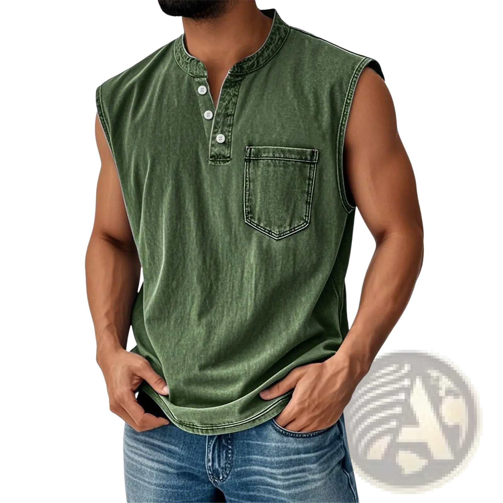 Men’s slim fit sleeveless olive green denim henley shirt with buttoned collar and chest pocket