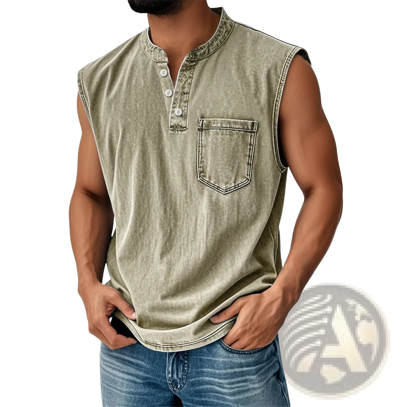 Men’s slim fit sleeveless denim henley shirt in faded olive green with buttoned neckline and chest pocket stitching
